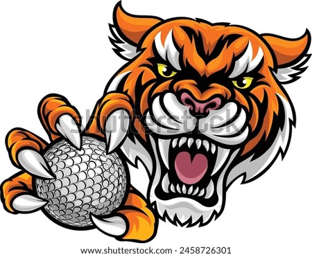A tiger cat animal sports mascot holding golf ball 