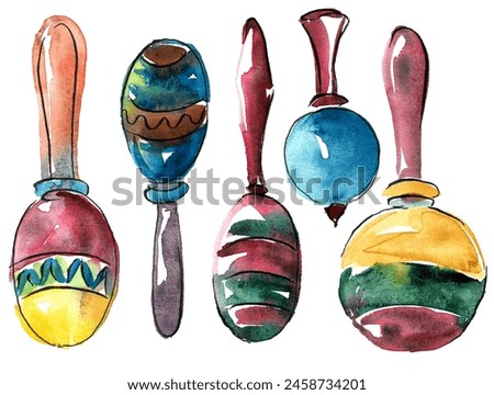Mexican musical instrument. A set of different types of maracas of spherical and oval shape with a striped pattern in yellow, red and emerald shades. Hand drawn watercolor illustration