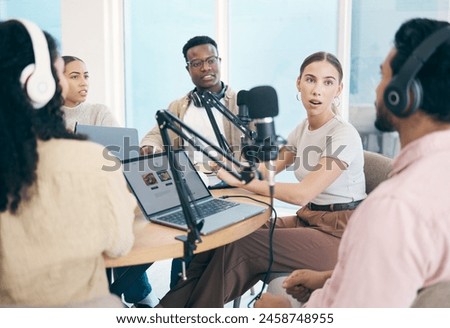 Conversation, podcast speaker and group of people, team or presenter communication, streaming and hosting talk show. Radio multimedia production, diversity and influencer listening on media network Royalty-Free Stock Photo #2458748955
