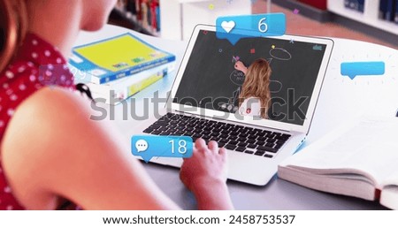 Image of media icons over caucasian woman having laptop image call with teacher. Global business and digital interface concept digitally generated image.