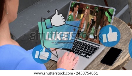 Image of media icons over caucasian woman having laptop image call with diverse friends. Global business and digital interface concept digitally generated image.