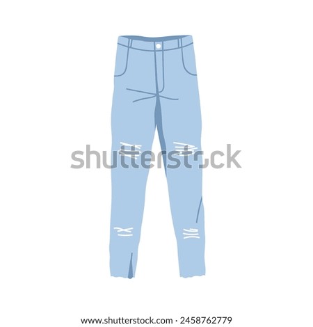 Trendy ripped jeans, casual denim pants for women. Stylish distressed trousers, fashion garment with holes, stitches. Blue cotton clothes design. Flat vector illustration isolated on white background
