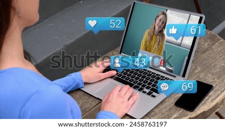 Image of profile icons over african american woman with coffee cup using laptop. Social media networking and business technology concept