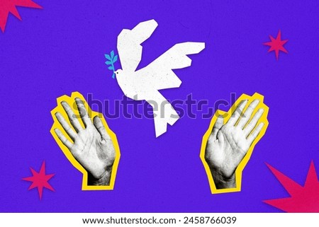 Composite photo collage of dove symbol peace fly carry olive branch hope hands show palm innocence sign isolated on painted background Royalty-Free Stock Photo #2458766039