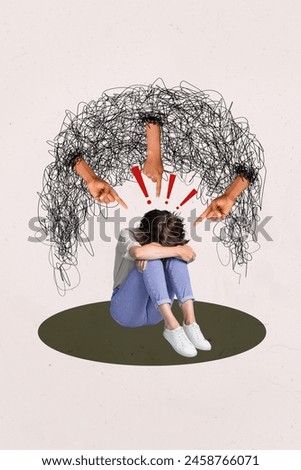 Sketch image trend artwork composite collage of young sad lady sit hug hand knees three hands appear from doodle finger point bullying