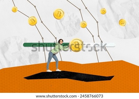 Trend artwork composite sketch image photo collage of young business lady pull push bitcoin loading money usd dollar up growth ebank