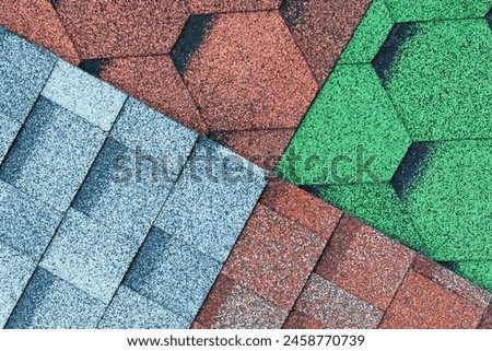 It's close up view of mosaic colorful tile. It is photo of green, blue and a brown roof tiles. It is view of multicolored texture of the tiles.