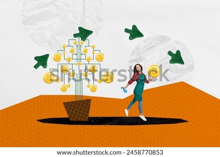 Trend artwork composite sketch photo collage of young woman cleaner grow bitcon crypto tree coins instead leaves arrow fly show direction