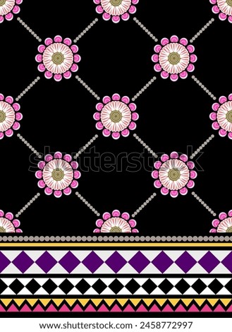 Vector modern pink on black flower seamless pattern design, designed for surface pattern, textiles, interior decorations, crafts, graphics, and backgrounds. Embroidery flower pattern.