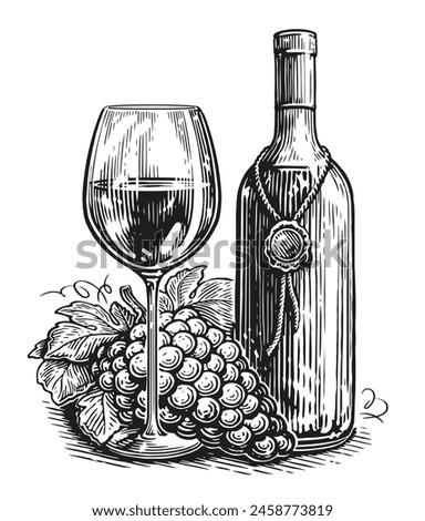 Hand drawn sketch of bottle, glass of wine and bunch of grapes. Black and white illustration. Vintage engraving
