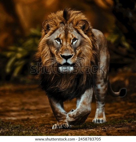 Majestic lion strides confidently through lush jungle foliage. High-res photo for powerful visuals.