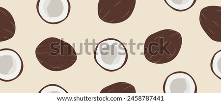 Flat illustration. Coconut and coconut halves on a light background. Seamless background for your design. Ideal for advertising, packaging, textiles or posters.	
