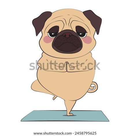Cute pug dog in a peaceful yoga posture standing on one leg. Funny vector illustration for tshirt, website, clip art, poster and print on demand merchandise.