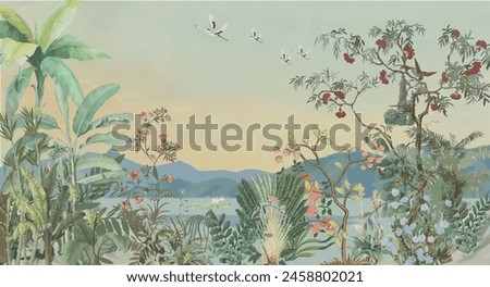 Nature wallpaper, watercolor background, birds,tree, Natural wallpaper.