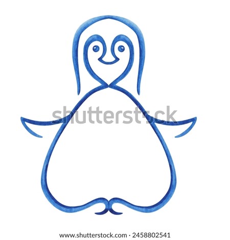 Watercolor illustration. Hand painted penguin in blue silhouette. Abstract penguin. Cartoon, character penguin. Marine bird. Winter. South Pole bird. Isolated clip art for Christmas, New Year cards