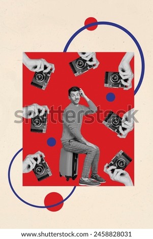 Composite trend artwork sketch image photo collage of young confused uncertain man sit on baggage many hands hold photocamera make shoot