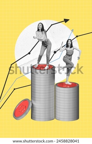 Trend artwork sketch 3D photo collage of two young lady teamwork dance together celebrate successfull deal earn money usd coins dollar