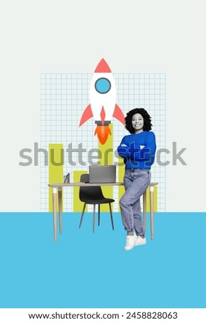 Vertical photo collage of happy american girl stand office workplace rocket launch chart development aim isolated on painted background