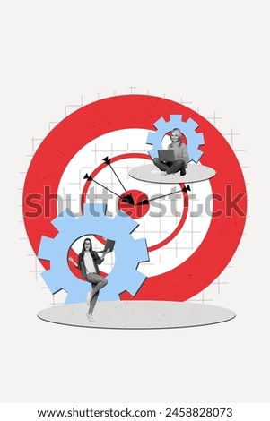 Composite trend artwork sketch image photo collage of black white silhouette teamwork two woman hold laptop aim target achieve goal