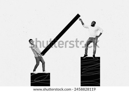 Trend composite sketch 3D photo collage of young two person man guy work together stand on platform carry delivery huge geometric element Royalty-Free Stock Photo #2458828119