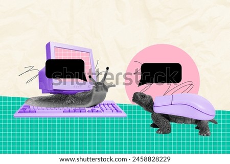 Creative picture collage turtle mouse shell textbox communication dialog snail crawl pc screen monitor checkered background