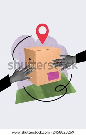 Sketch composite artwork photo collage of huge delivery box supply geo point location place bodyless courier hands give incognito person