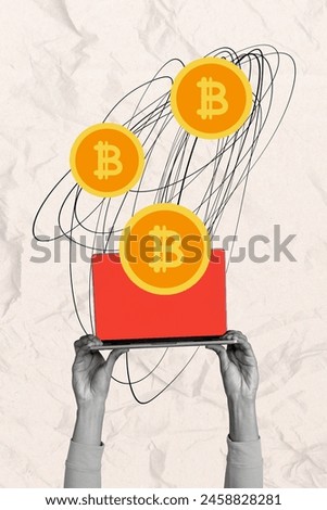Vertical photo collage of hands hold macbook device human earn bitcoin miner trading worker success coin isolated on painted background