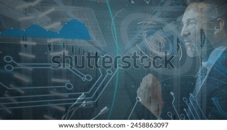 Image of data processing over diverse business people icons. Global business digital interface technology and networking concept digitally generated image.