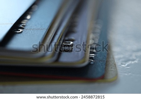 Plastic credit cards on table, macro view