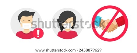 Medical mask on face flat cartoon icon vector graphic illustration set, no handshake red sign symbol, man woman person wear facial doctor surgical mouth cover virus prevention facemask image clip art