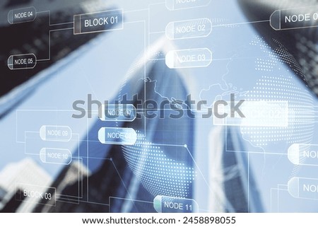 Double exposure of abstract creative programming illustration and world map on blurry cityscape background, big data and blockchain concept