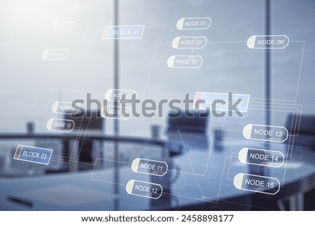 Multi exposure of abstract creative coding sketch on a modern conference room background, artificial intelligence and neural networks concept