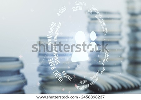 Abstract virtual people icons hologram on coins background, life and health insurance concept. Multi exposure