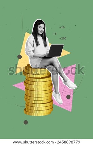 Vertical photo picture collage young smiling girl remote work online internet work earnings profit income golden tokens drawing background