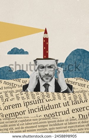 Vertical photo collage of serious man instead head lighthouse search light ray sea sos signal navigation isolated on painted background