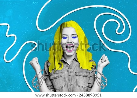Artwork composite collage of blue color doodle line draw black white silhouette attractive excited lady happy fist yes hairstyle fashion