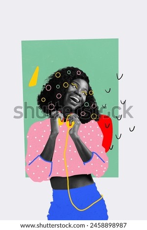Vertical collage image picture happy joyful woman meloman album playlist listener joyful positive mood painted outfit drawing background