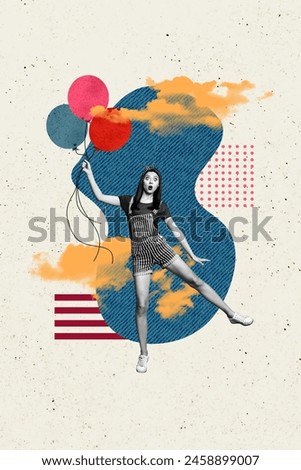 Vertical creative collage picture young childish girl funny crazy face expression hold air balloons festival event entertainment weekend