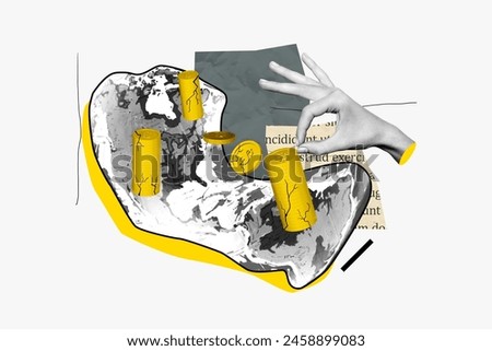 Photo image collage human 3d hand body fragment golden coins earnings rich investor story novel page literature trader virtual currency funds