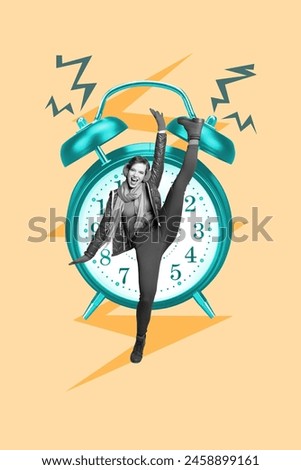 Vertical photo collage of happy girl dance huge alarm clock ring bell timetable schedule time management isolated on painted background