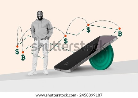 Composite photo collage of happy american guy stand iphone screen freelance miner work dollar bitcoin income isolated on painted background