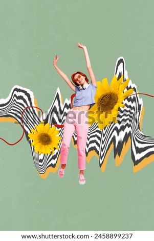 Composite trend artwork photo collage of green color black white zebra line yellow huge sunflower young lady pose listen music headphones