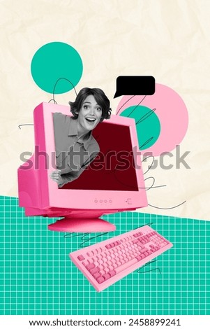 Vertical creative picture collage young cheerful woman pc monitor screen peek laughter positive mood say textbox checkered background