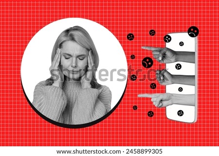 Creative image collage mature woman suffer headache online cyberbullying social media hands pointing shame hatred touchscreen Royalty-Free Stock Photo #2458899305