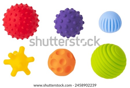 Colorful sensory balls for kids  isolated png transparent, designed to enhance cognitive and physical development. Tactics of a soft toys that stimulate children's.