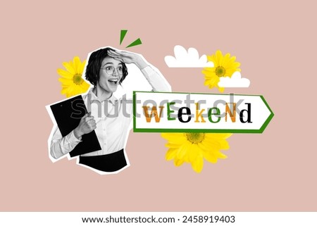 Creative picture collage weekend holidays young amazed woman employee look far away oversee positive mood relaxation drawing background