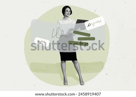 3D photo collage composite trend artwork sketch image of office manager hr woman hand hold laptop research workspace find candidate
