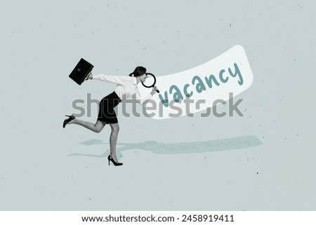 Trend artwork sketch image 3D photo collage of young woman hardworking run hr find candidate free vacancy search hand hold glass magnifier
