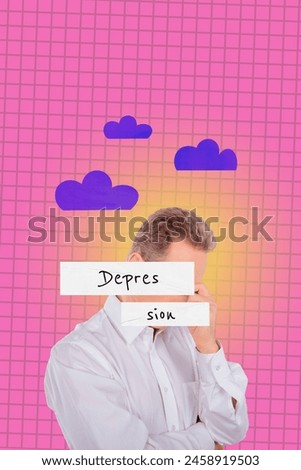 Vertical photo collage of upset stressed guy hold head cloud autumn depression fatigue depressed mood isolated on painted background