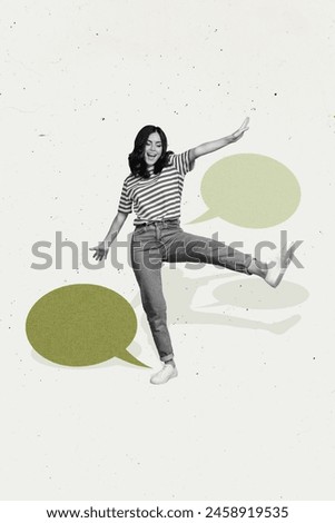 3D photo collage trend artwork sketch image of speech bubble textbox mind cloud black white attractive lady walk active talk social media